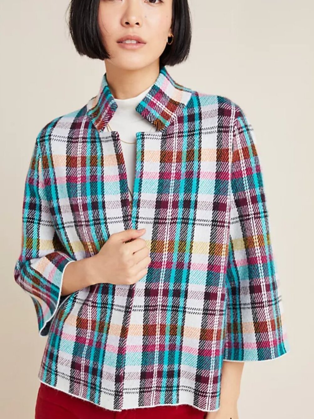 Anthropologie Rosetta Cropped Plaid Sweater Blazer Size S